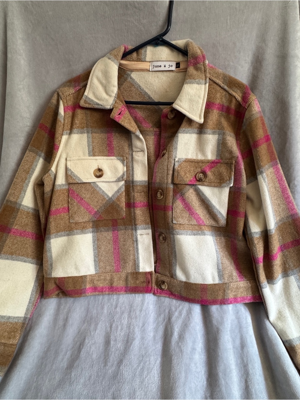 Tan Plaid Jacket with Pink Accent